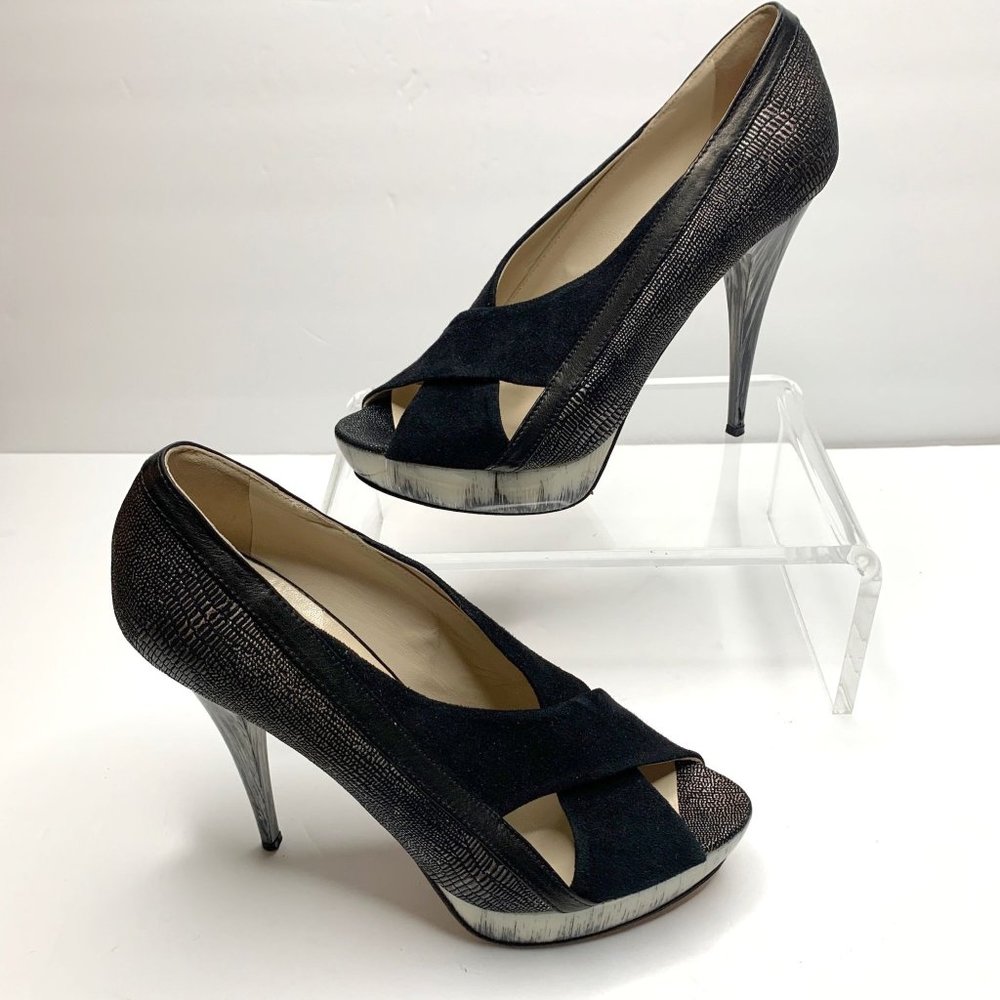 ANGELEIGH ANASTASIO Black Leather Peep Toe Platform Stiletto Sz‎ 8